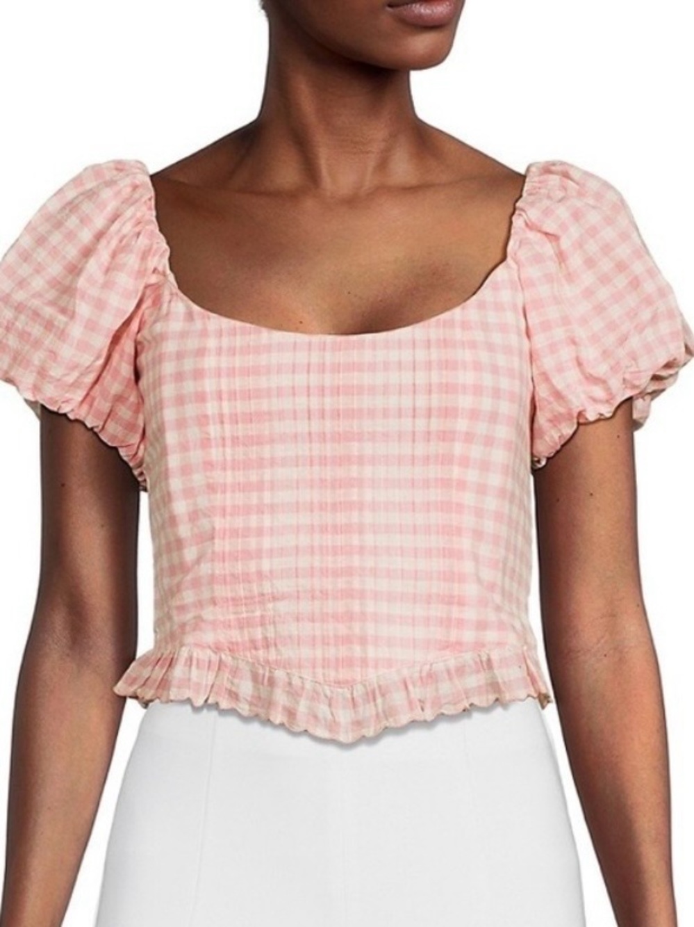 LOVESHACKFANCY Breanna Pink & White Gingham Puff Sleeve Corset Top - Like New, 6